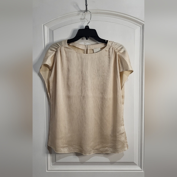 Calvin Klein Ruched Tan and Cream Cuffed Sleeve Blouse - Picture 2 of 7